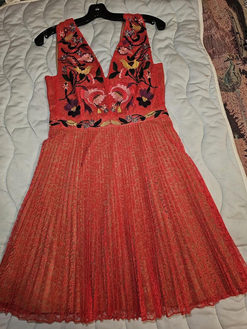 French Connection Red Embroidered V-Neck Mini Dress